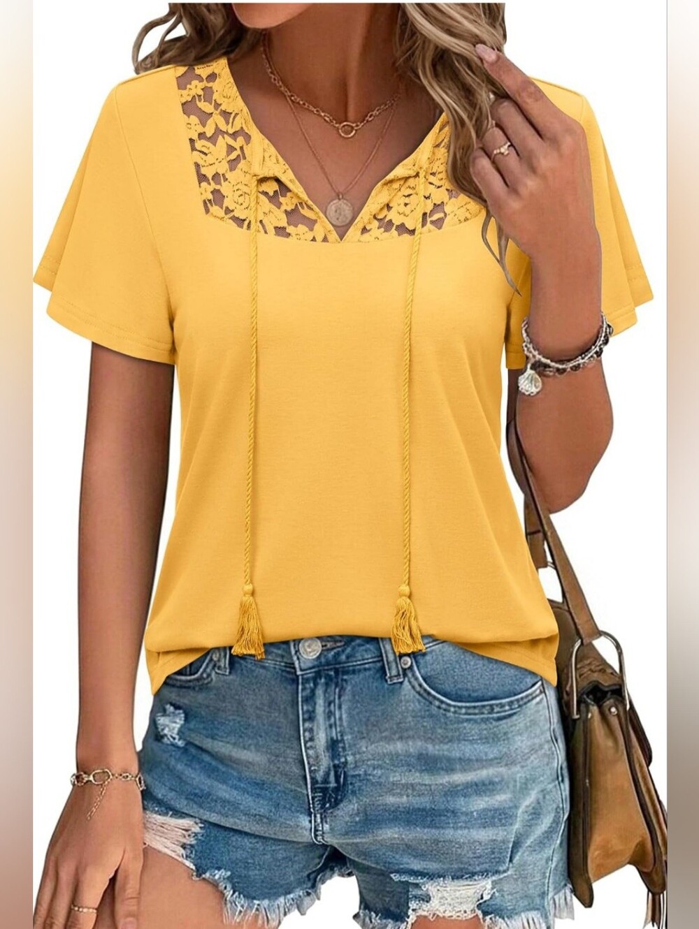 NWT Yellow Boho Lace Tassel Tie Top XL V-Neck Oversized Boho